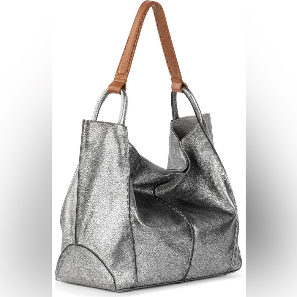 The Sak Silver Tote Bag with Tan Handles